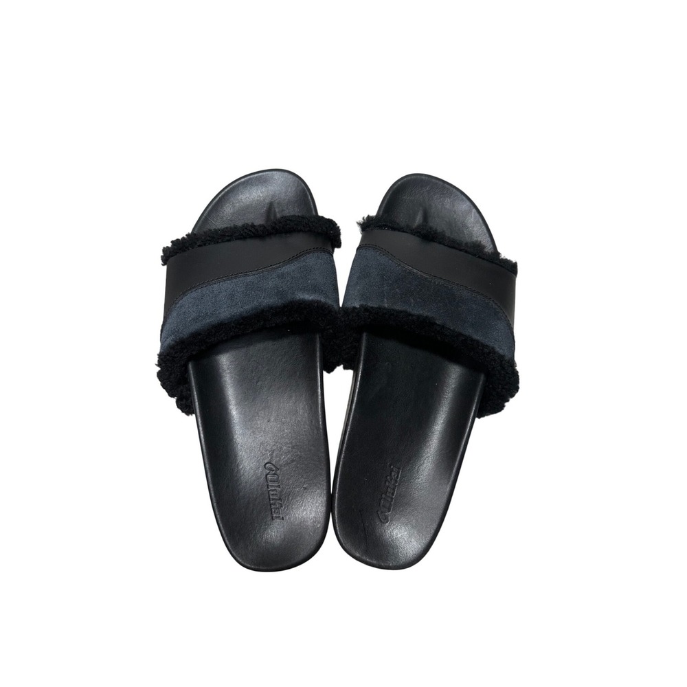 OluKai Hō'ala Leather Slide Sandals Black Leather Wool Shearling US W9‎ EUR 39